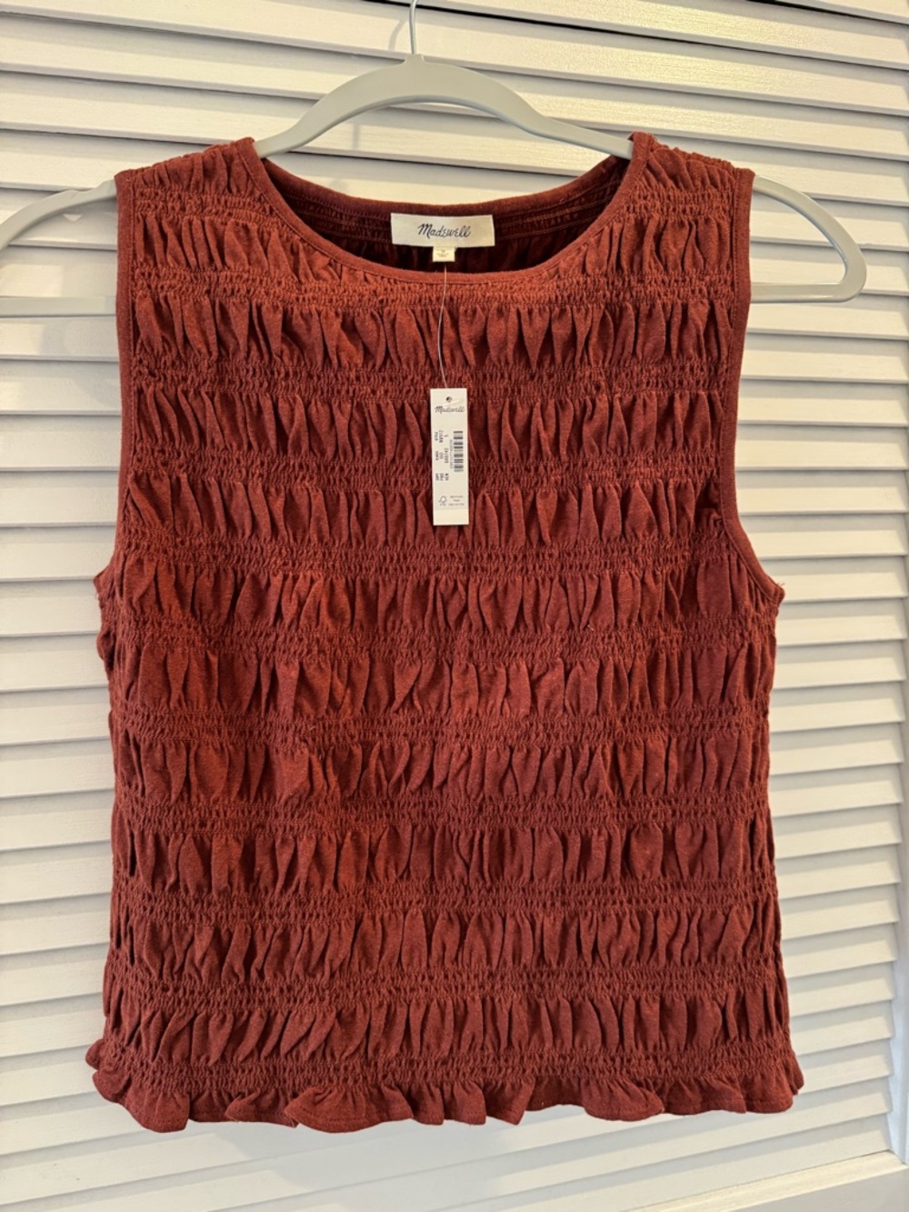 Madewell Rust Smocked Boat Neck Tank with Ruffled Hem S